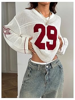 BEAUDRM Women's Number Letter Graphic Sweater Hollow Out